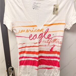 American Eagle Outfitters NWT Women's Striped V-Neck Top - White and Pink Size S